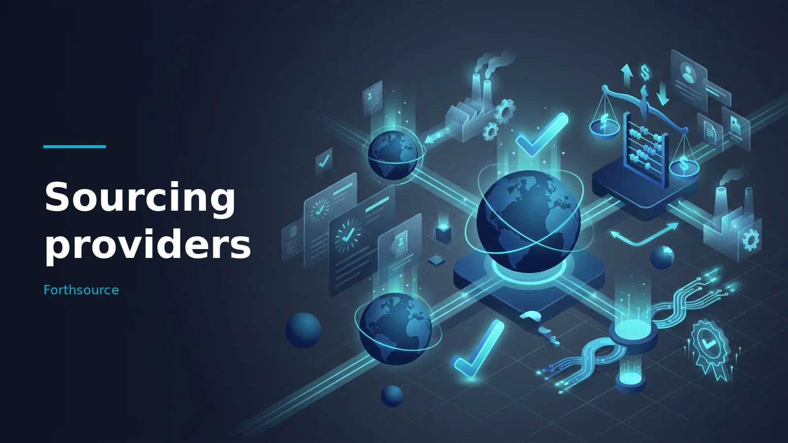 Glowing blue isometric globes, factories, and icons for sourcing providers on a dark background. Overlaid text reads “Sourcing providers”.