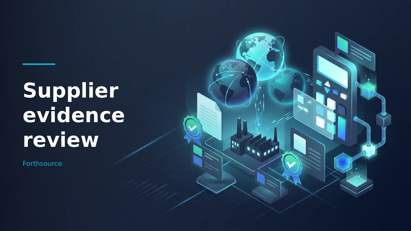 Dark blue isometric scene with glowing globes, a factory, checkmark badges, and connected screens. Overlaid text reads “Supplier evidence review” with the Forthsource wordmark.