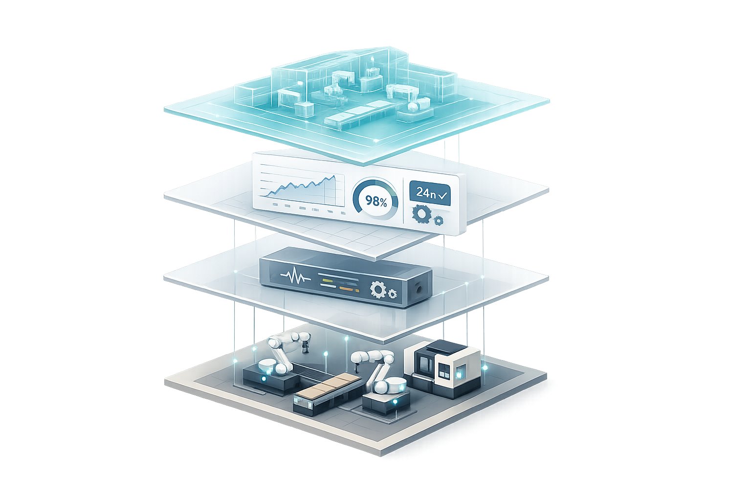 Alibaba Cloud powering smart manufacturing, depicted by an abstract factory floor with interconnected robots and data flowing through cloud servers