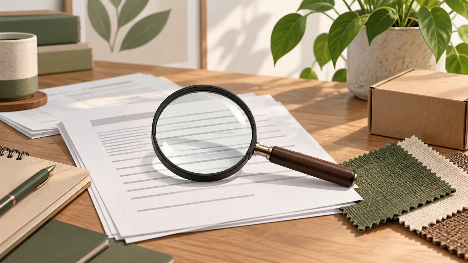 Illustration of a magnifying glass over supplier documents beside fabric samples and a cardboard box.