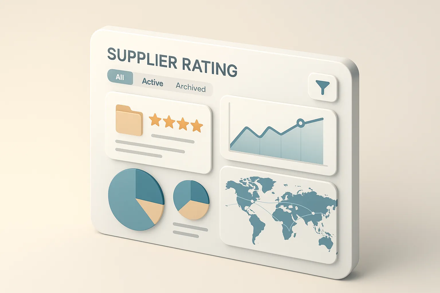 Supplier rating systems abstract illustration: a network of interconnected gears and data points, symbolizing efficiency and evaluation