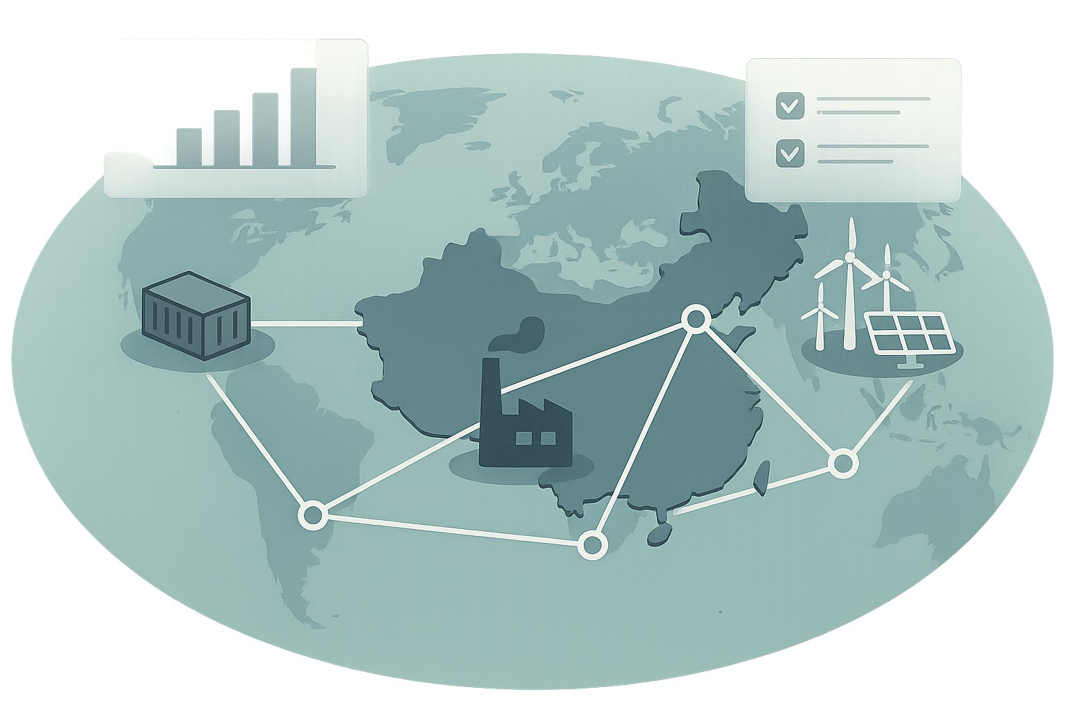 Carbon-neutral supply chains in China: abstract illustration of interconnected global logistics, green energy, and data flow