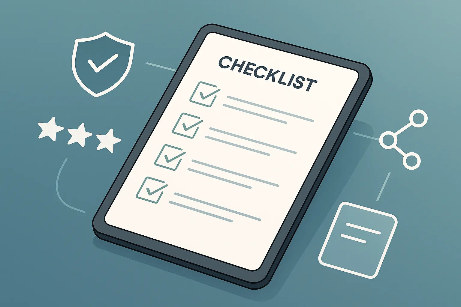 Verifying supplier credibility: abstract illustration of a checklist and magnifying glass over a global network