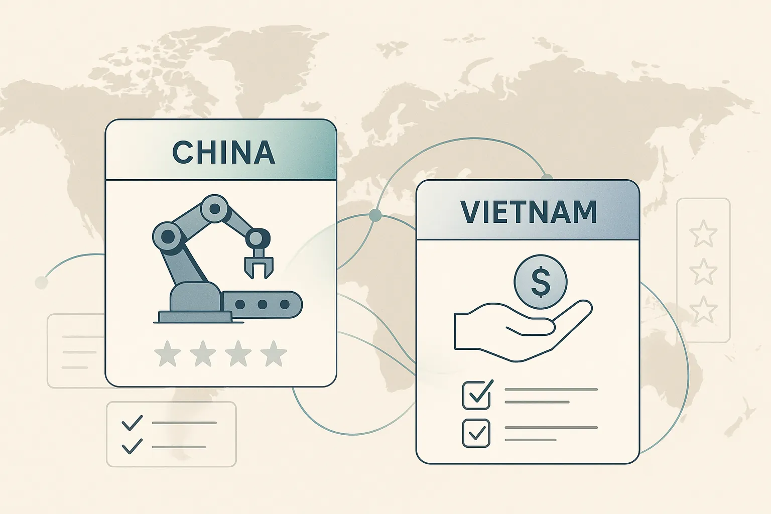 China vs Vietnam sourcing costs: abstract illustration of two distinct, interconnected economies with rising and falling graphs