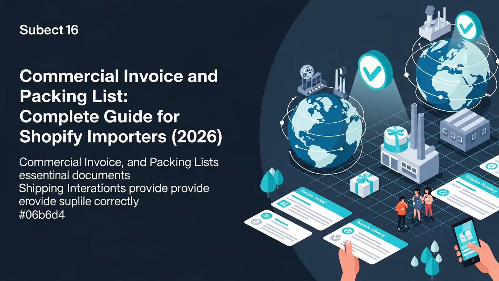 Shipping documents and global trade icons arranged on a clean workspace with cool cyan highlights and modern composition