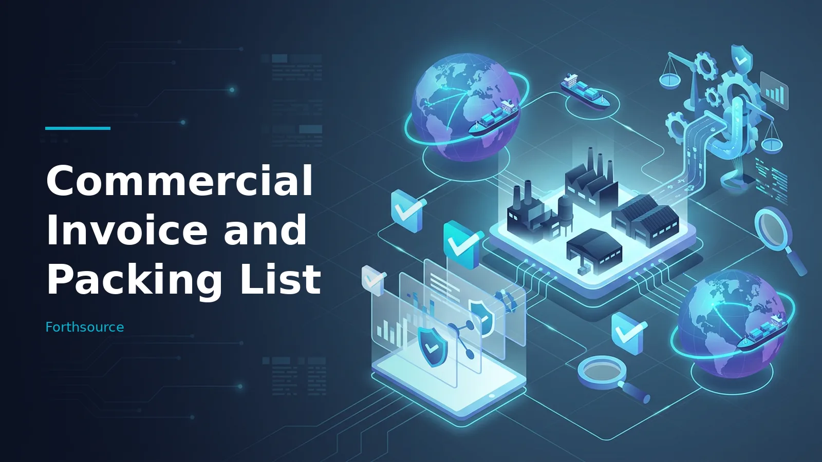 Blue isometric network featuring glowing globes, cargo ships, factory buildings, and digital screens. Overlaid text reads “Commercial Invoice and Packing List” with the Forthsource wordmark.