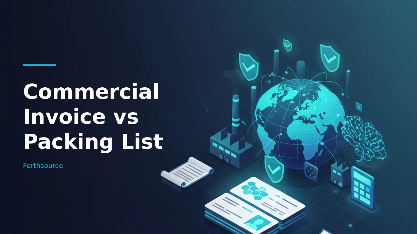 Glowing blue globe, factory, shields, and documents on a dark blue isometric grid. Overlaid text reads “Commercial Invoice vs Packing List” with the Forthsource wordmark.