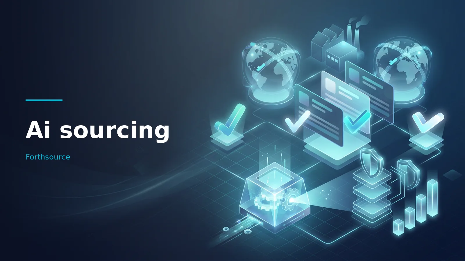 Glowing blue isometric platform with globes, document screens, checkmarks, servers, and factory graphics. Overlaid text reads “Ai sourcing” with the Forthsource wordmark.
