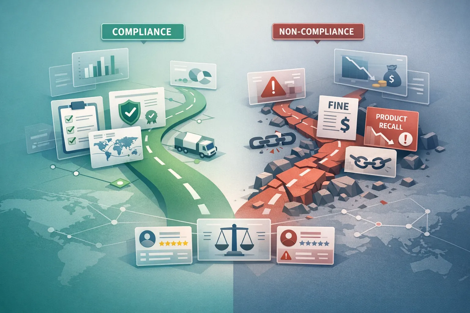 Compliance vs non-compliance: abstract illustration of a balanced scale with one side overflowing and the other empty, symbolizing cost differences