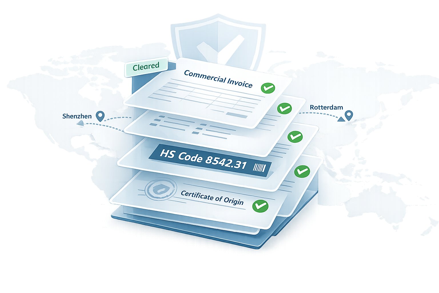 Customs documents for Alibaba imports, depicted as a stylized global shipping network with boxes and paperwork flowing between continents