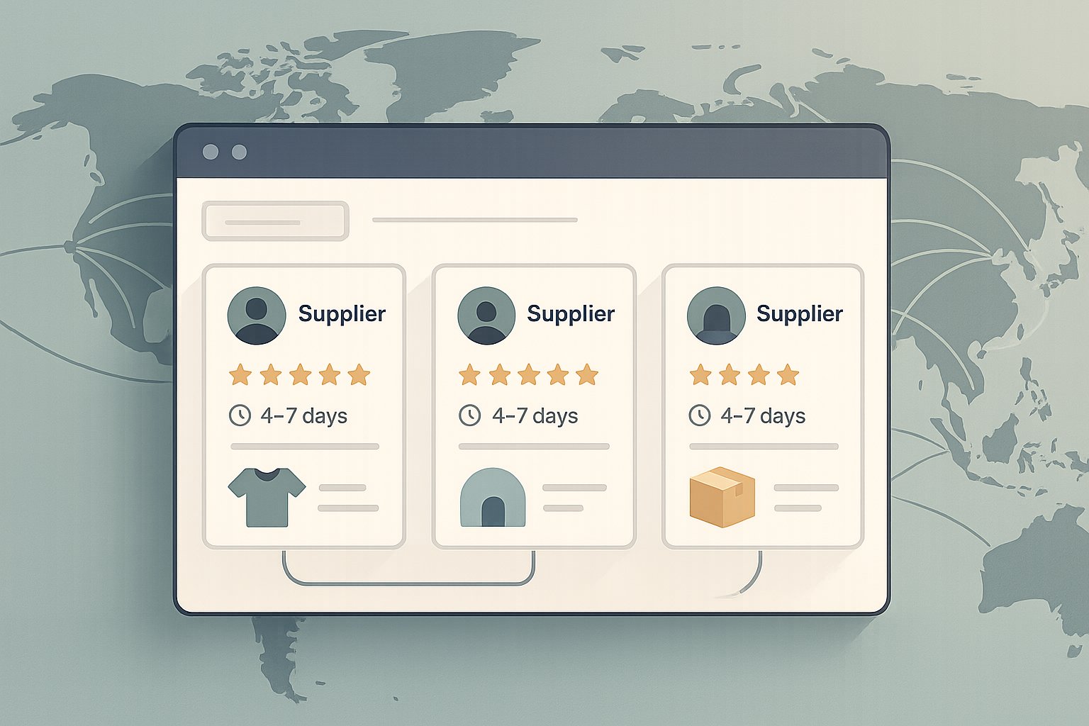 Forthsuite dropshipping supplier research, an abstract illustration showing a magnifying glass over a global supply chain network