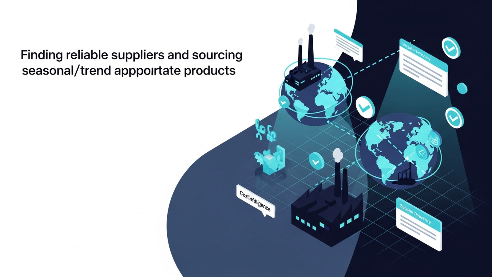 Professional supplier meeting with digital product catalogs and global shipping network visualized in cool cyan tones