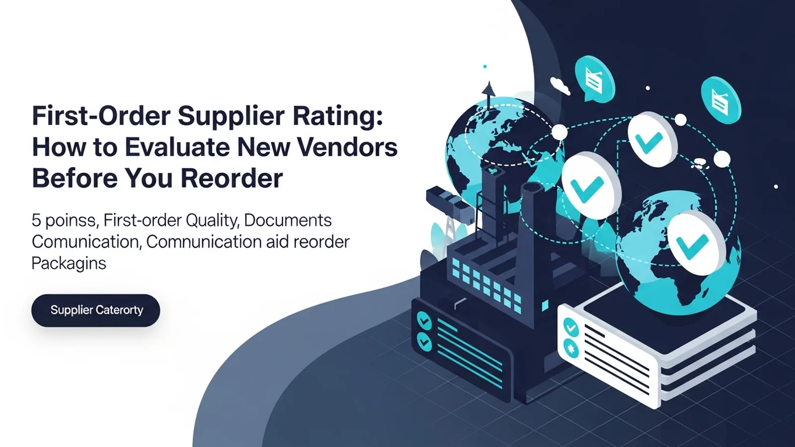 Professional buyer reviewing supplier checklist on tablet with shipping containers and global supply chain graphics in cyan tones
