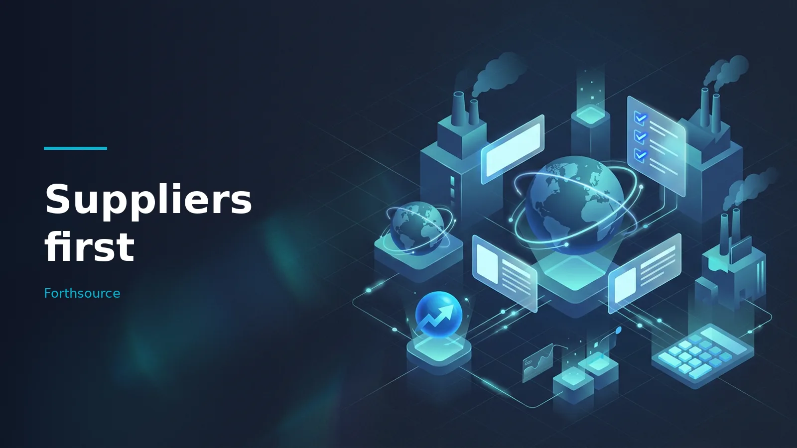 Isometric teal factories, glowing globes, and digital screens connected by lines on a dark grid. Overlaid text reads “Suppliers first” with the Forthsource wordmark.