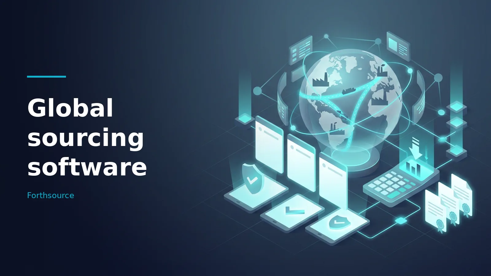 Glowing blue isometric globe with factory icons, screens, and certificates for global sourcing software. Overlaid text reads “Global sourcing software”.