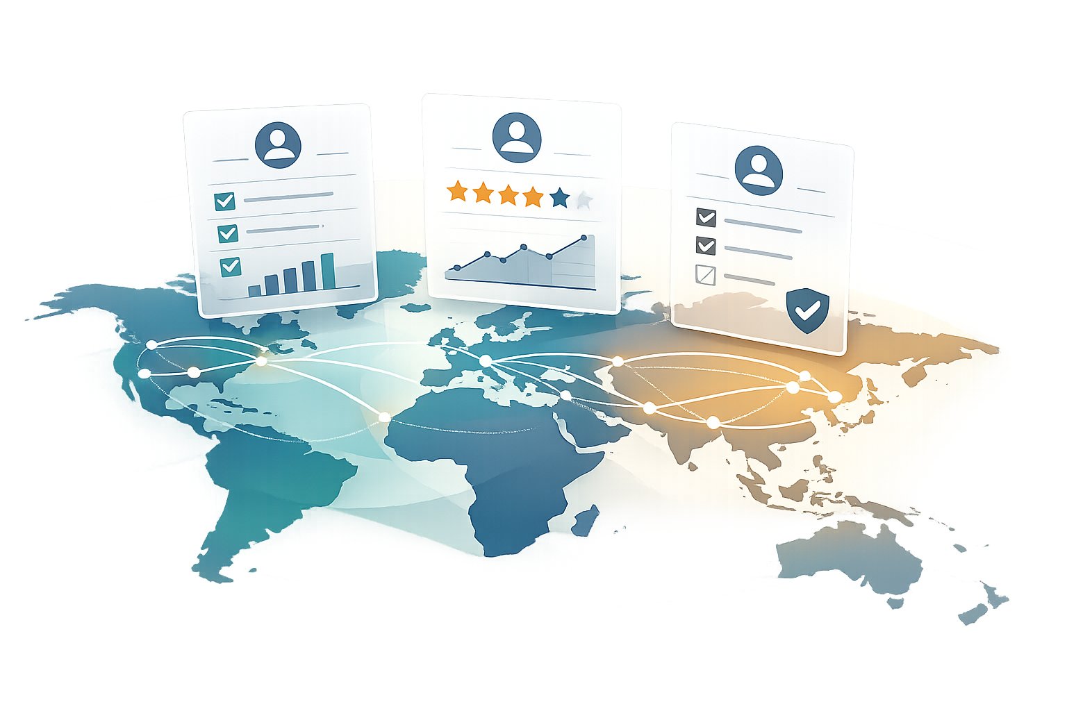 AI streamlines global supplier sourcing: an abstract illustration of interconnected networks and data flowing across continents