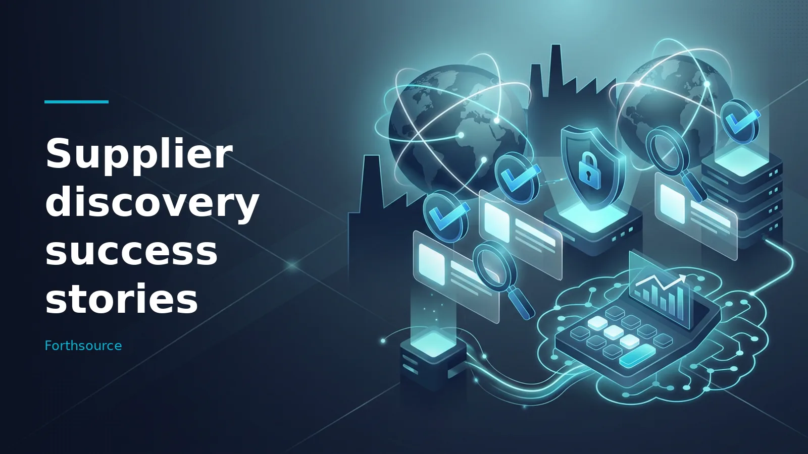 Glowing blue isometric scene with globes, server racks, a calculator, and factory silhouettes on a grid. Overlaid text reads “Supplier discovery success stories” with the Forthsource wordmark.