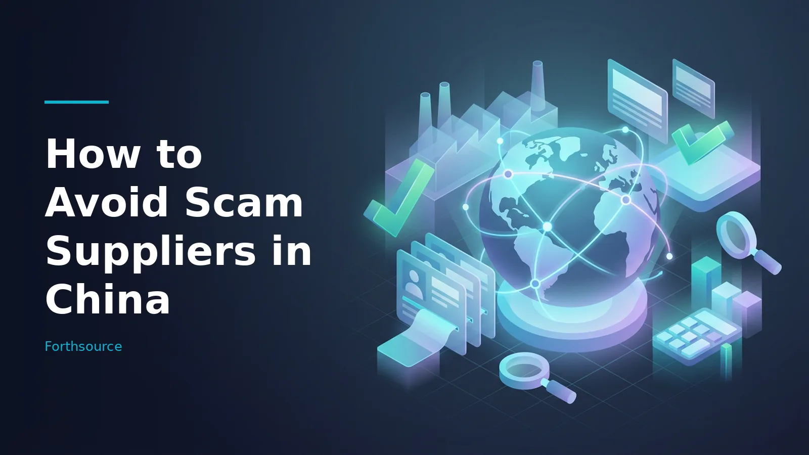 Glowing globe, factory buildings, document icons, checkmarks, and magnifying glass on dark blue. Overlaid text reads “How to Avoid Scam Suppliers in China” with the Forthsource wordmark.
