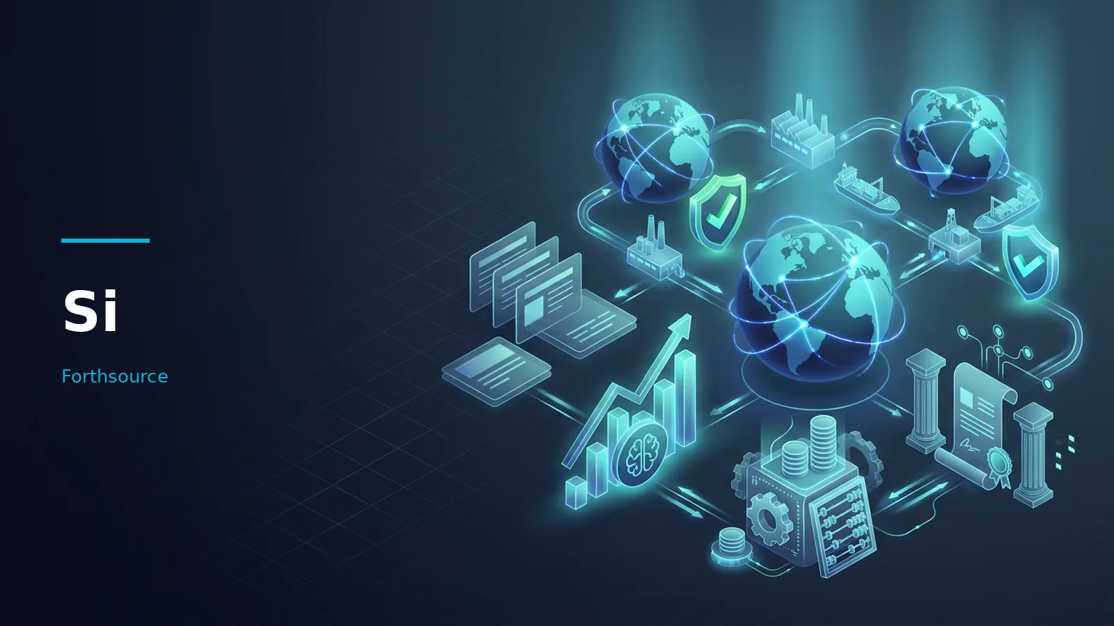 Glowing cyan isometric icons of globes, factories, bar charts, documents, and gears on a dark blue background. Overlaid text reads “Si” with the Forthsource wordmark.