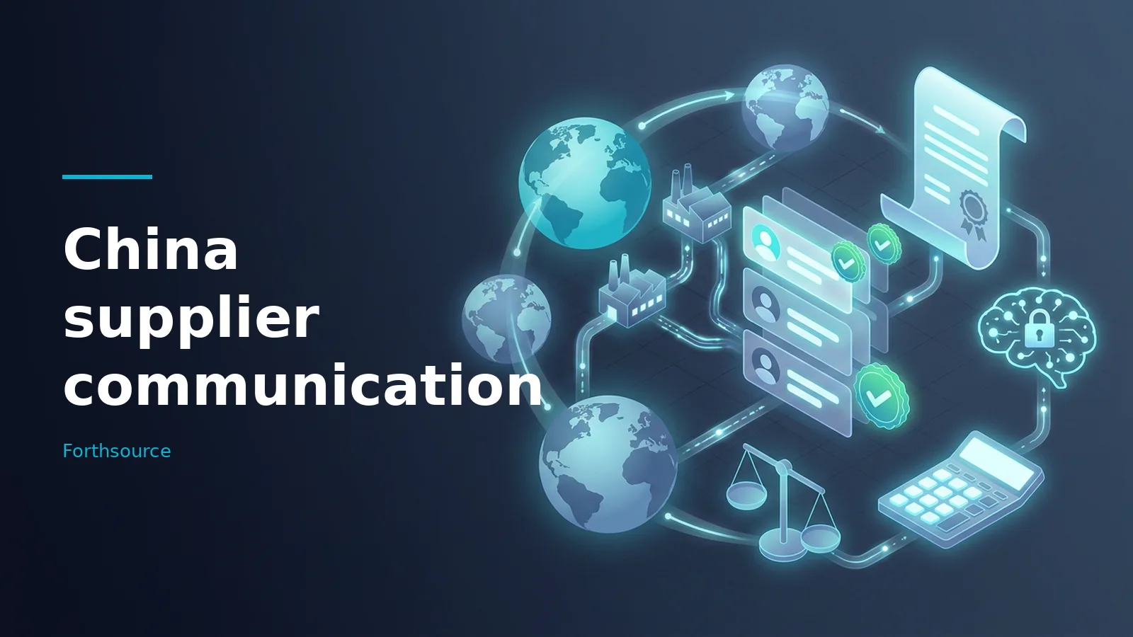 Glowing blue isometric globes, factories, profile cards, scroll, and scales on a dark blue background. Overlaid text reads “China supplier communication” with the Forthsource wordmark.