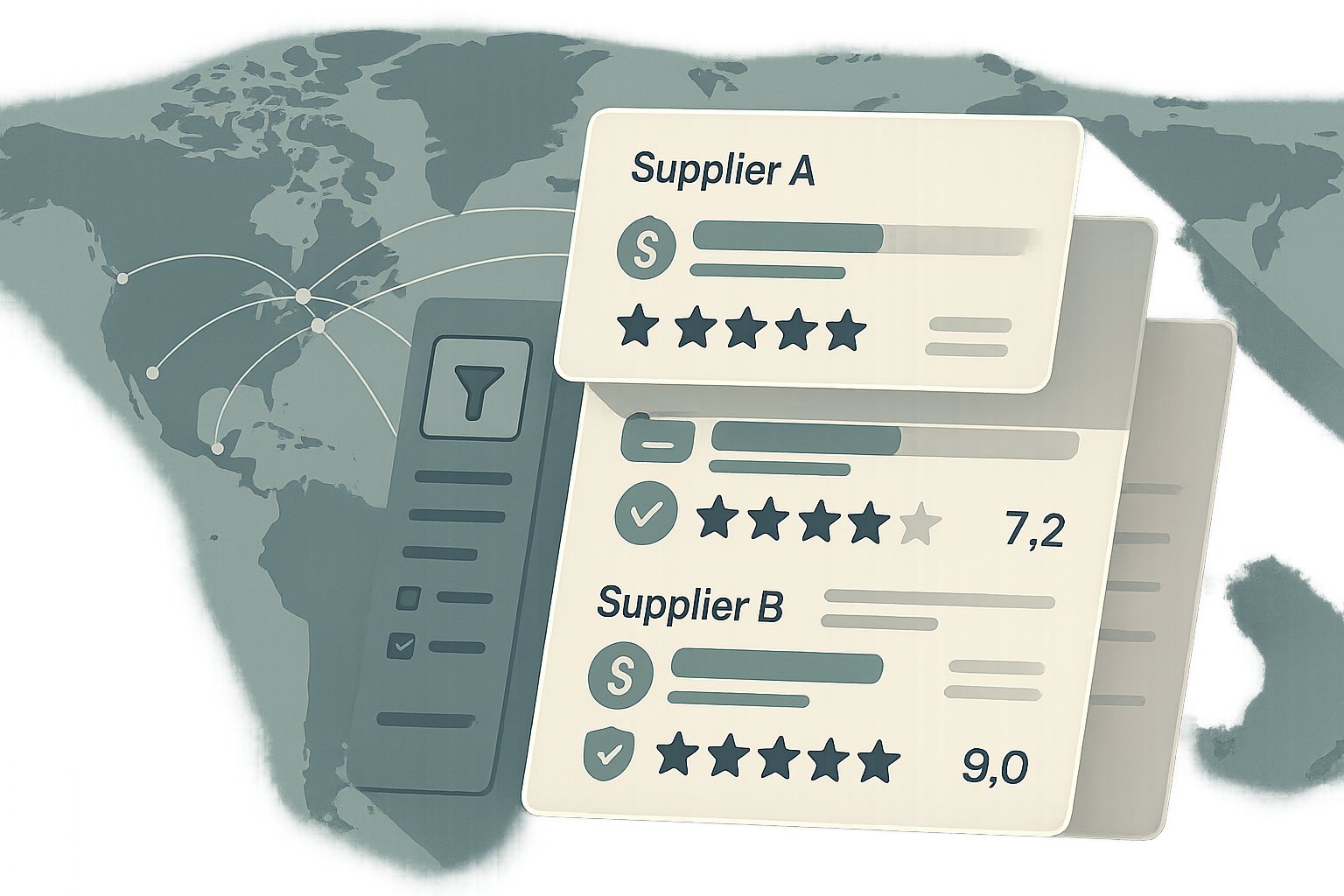 Comparing suppliers: abstract illustration of interconnected data points and metrics, symbolizing supply chain analysis for Forthsuite