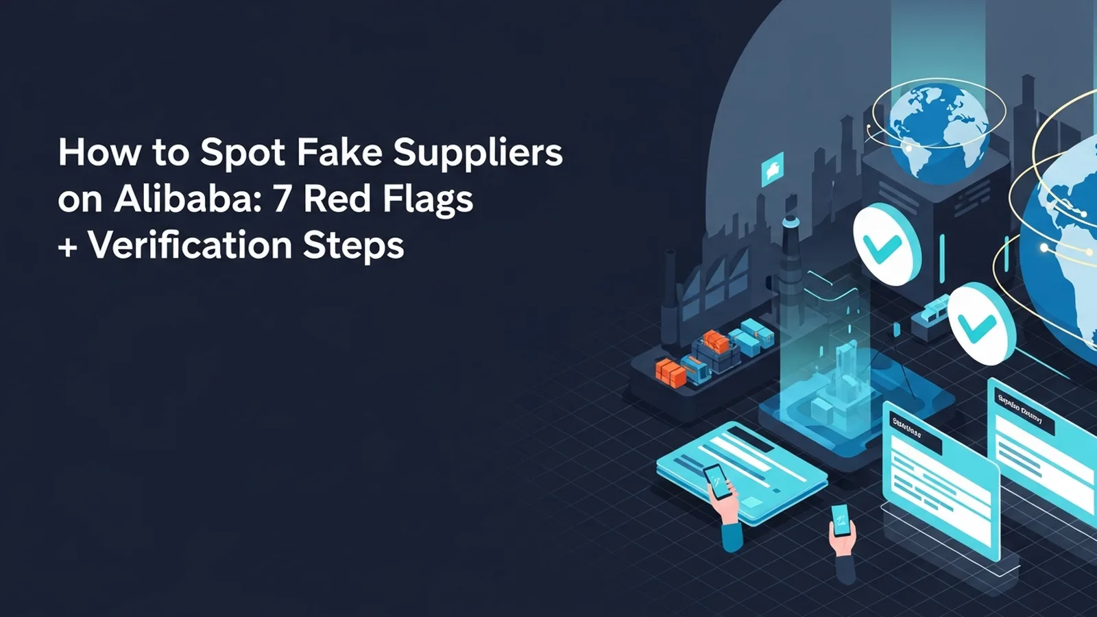Magnifying glass examining supplier documents on laptop screen with red warning flags and cyan verification checkmarks