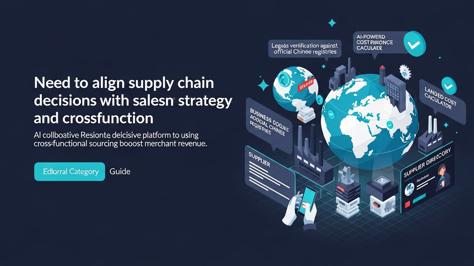 Business professionals collaborating around a digital dashboard with global supply chain data and cool cyan network connections