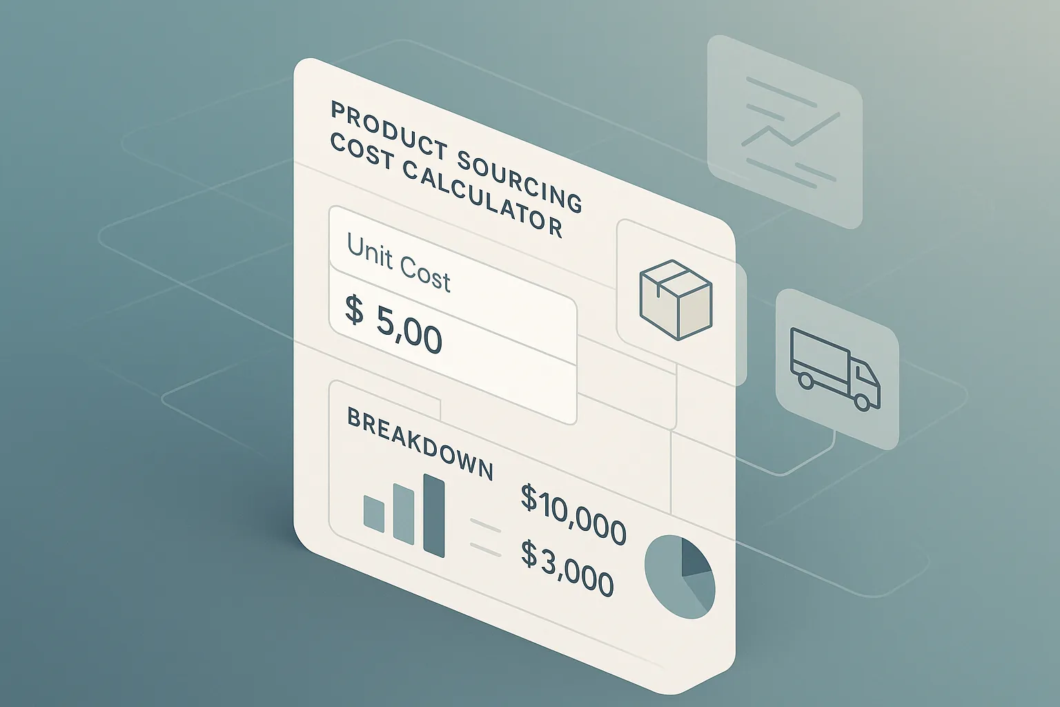 Product sourcing cost calculator illustration: abstract scene with a magnifying glass over coins and a spreadsheet, symbolizing financial analysis.