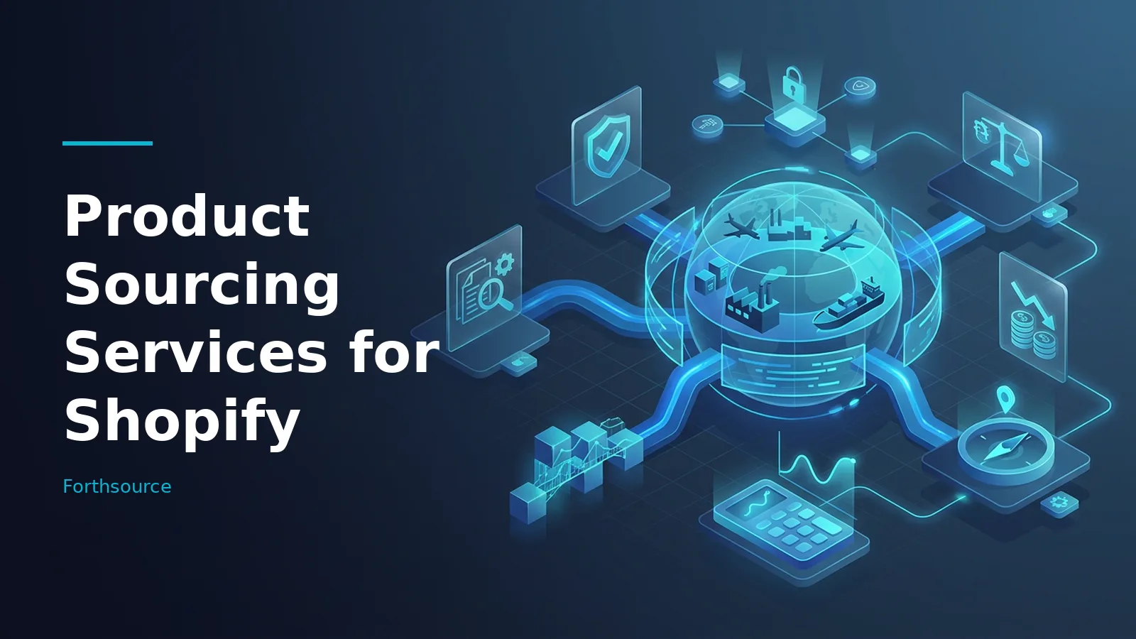Isometric glowing blue globe connected to supply chain and finance icons on a dark background. Overlaid text reads “Product Sourcing Services for Shopify” with the Forthsource wordmark.