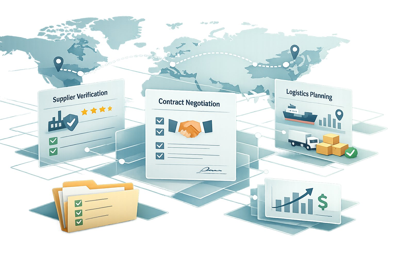 Forthsuite's abstract illustration showing how to reduce sourcing costs in China, with interconnected shapes representing supply chain optimization