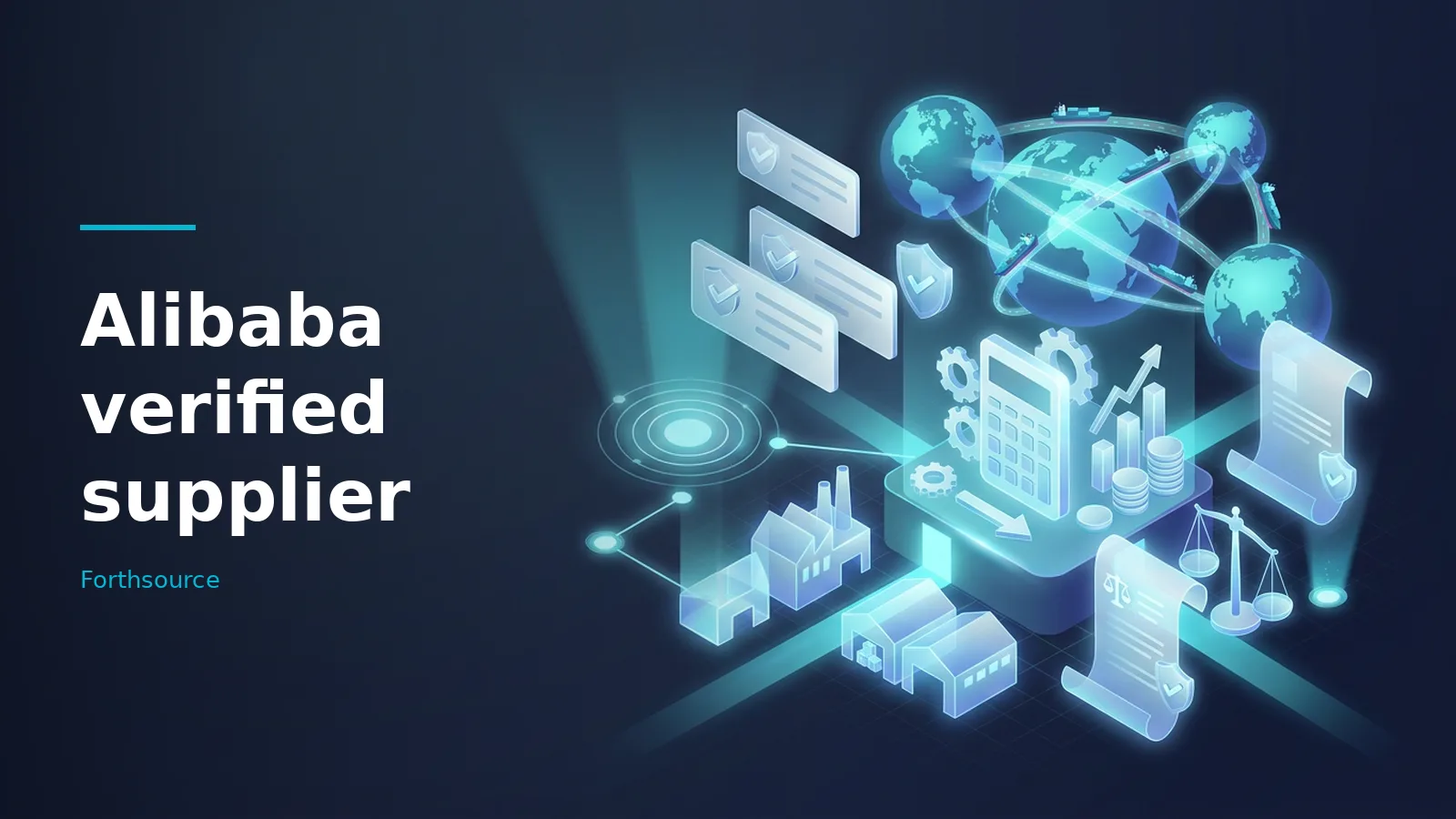 Glowing blue isometric icons of globes, ships, factories, legal scrolls, and a calculator on dark navy. Overlaid text reads “Alibaba verified supplier” with the Forthsource wordmark.