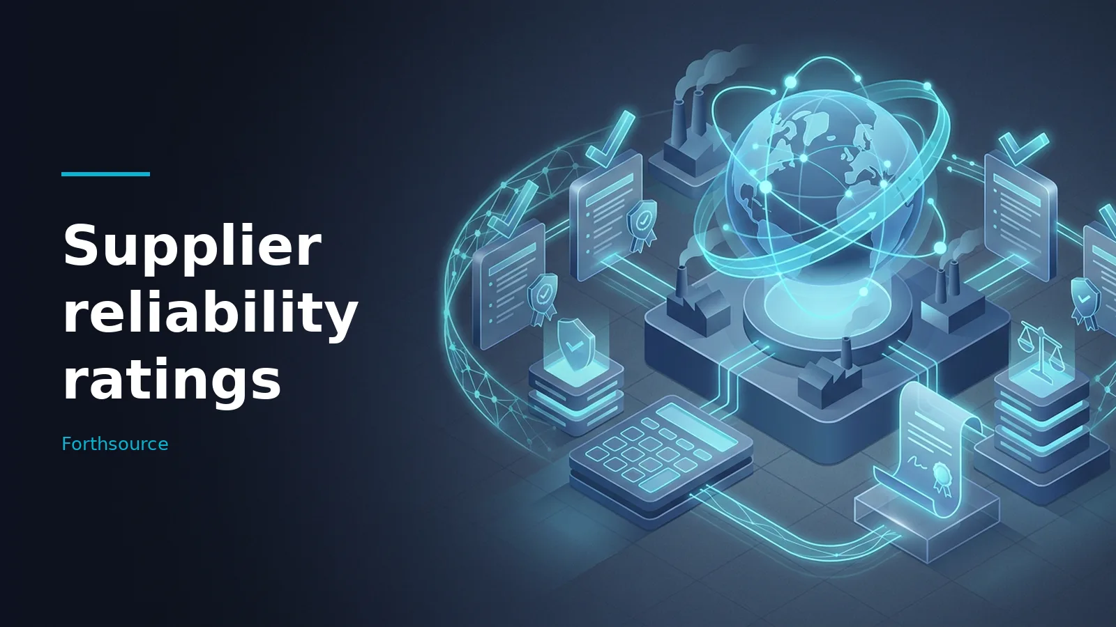 Glowing cyan isometric globe surrounded by factory icons, documents, and shields on a dark blue background. Overlaid text reads “Supplier reliability ratings”.