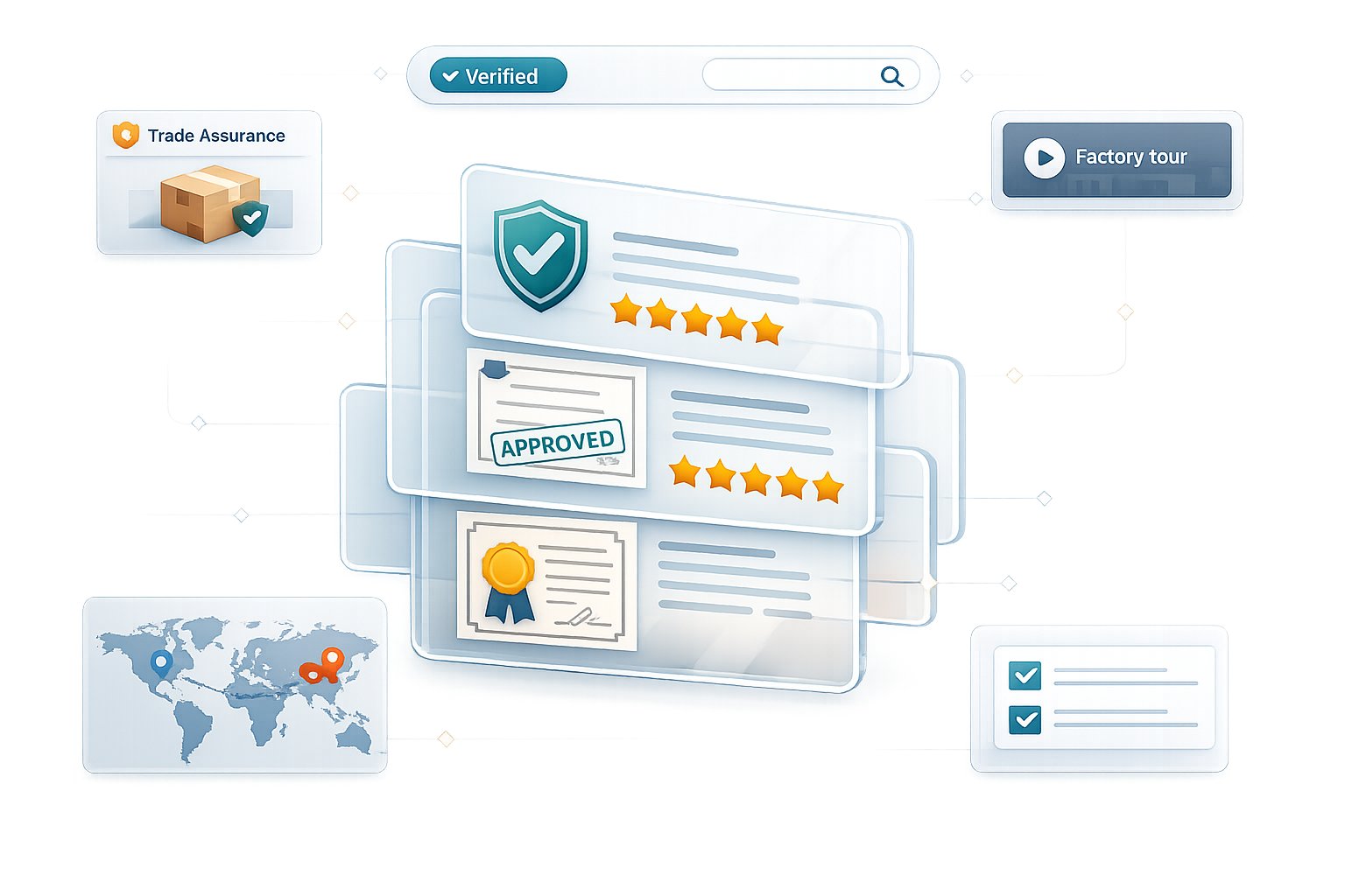 Supplier verification tips: an abstract illustration showing a magnifying glass examining a network of interconnected gears and documents, symbolizing due diligence in supply chain management