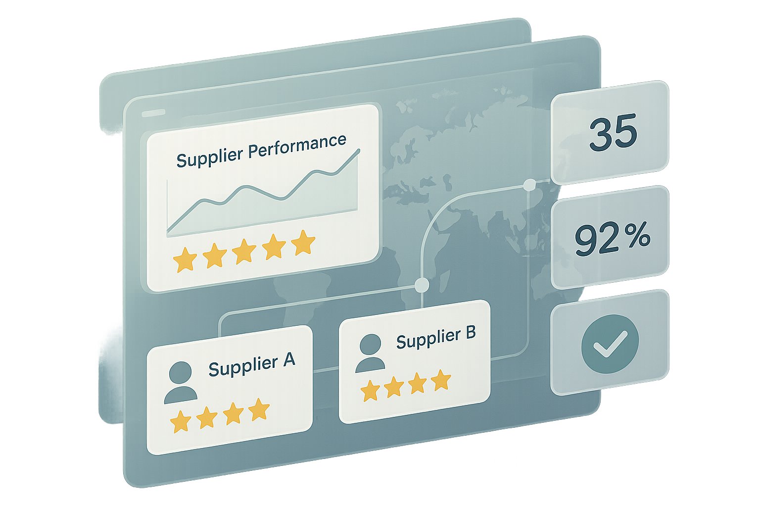Supplier history tracking metrics visualized as abstract data points connecting a network of businesses.