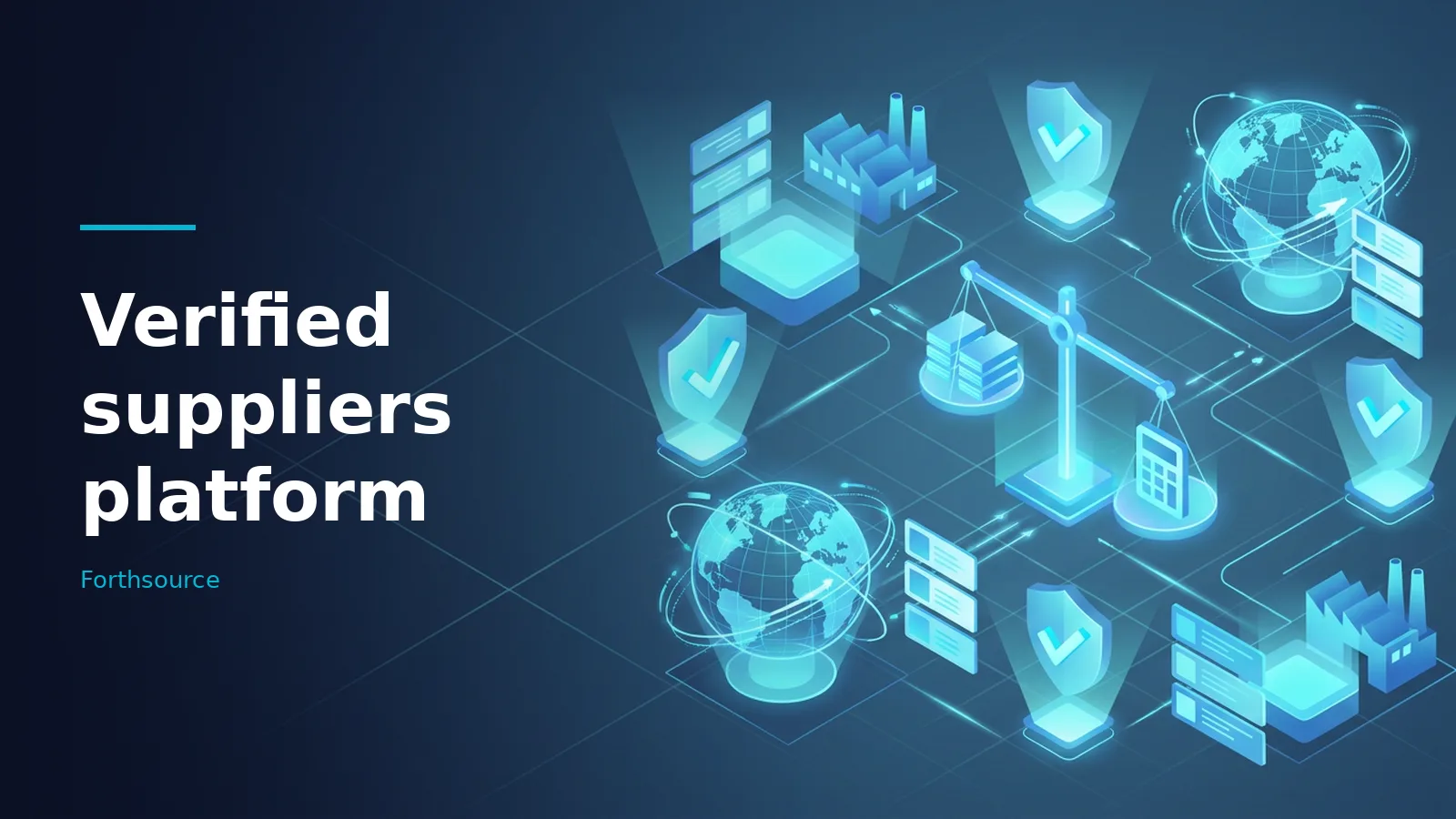 Blue isometric grid with glowing factories, globes, scales, and shields for a verified suppliers platform. Overlaid text reads “Verified suppliers platform” with the Forthsource wordmark.