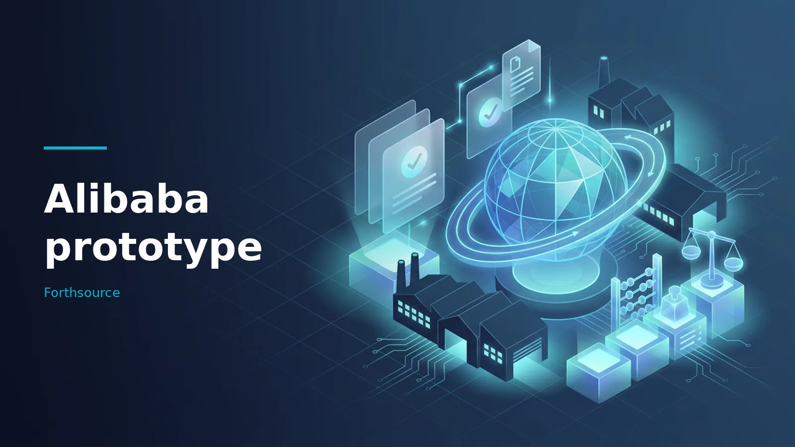 Glowing blue globe surrounded by factories, digital documents, and scales on a dark blue grid. Overlaid text reads “Alibaba prototype” with the Forthsource wordmark.