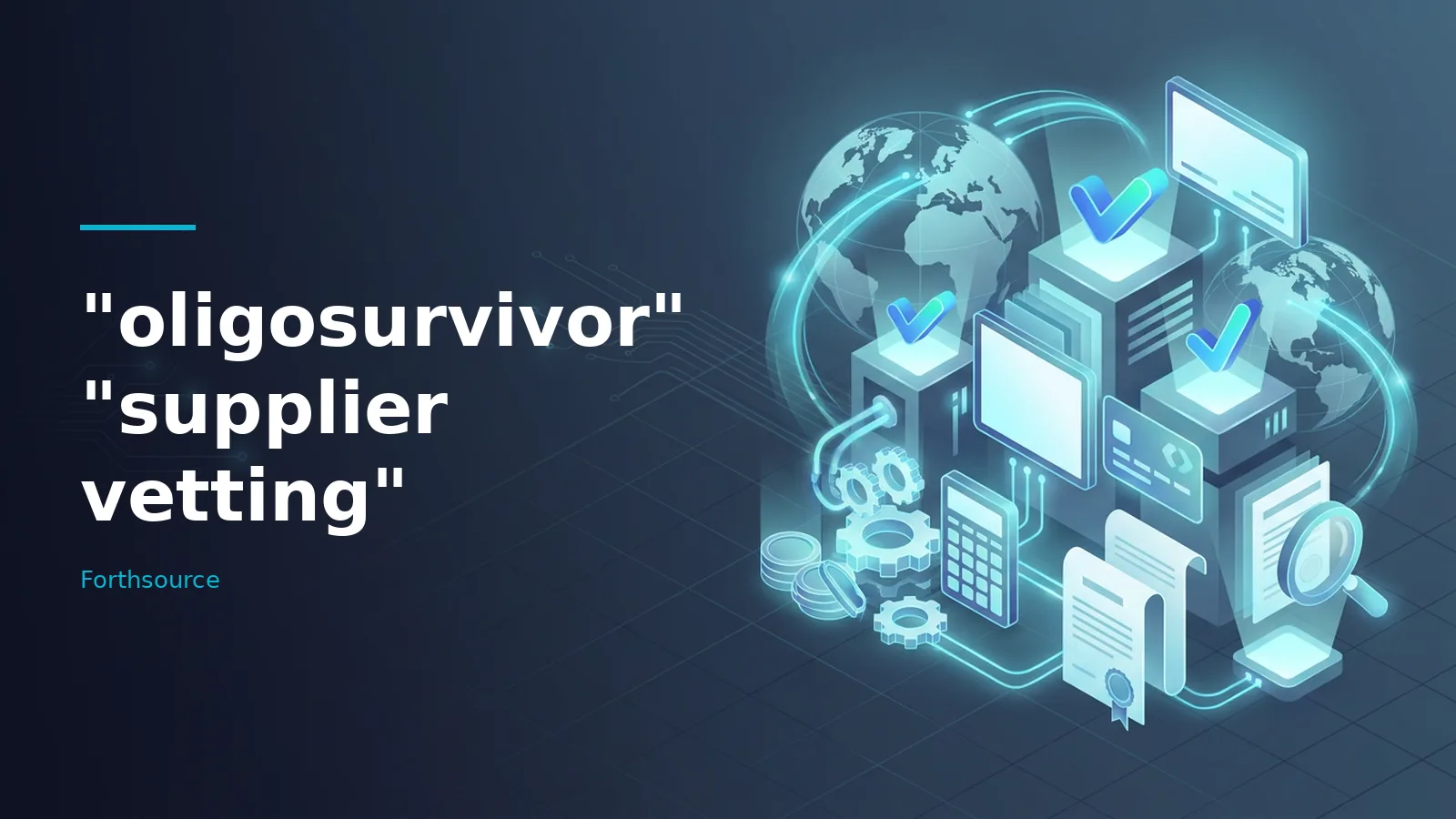 Glowing cyan isometric servers, globes, gears, documents, and coins on a dark blue grid background. Overlaid text reads “"oligosurvivor" "supplier vetting"” with the Forthsource wordmark.