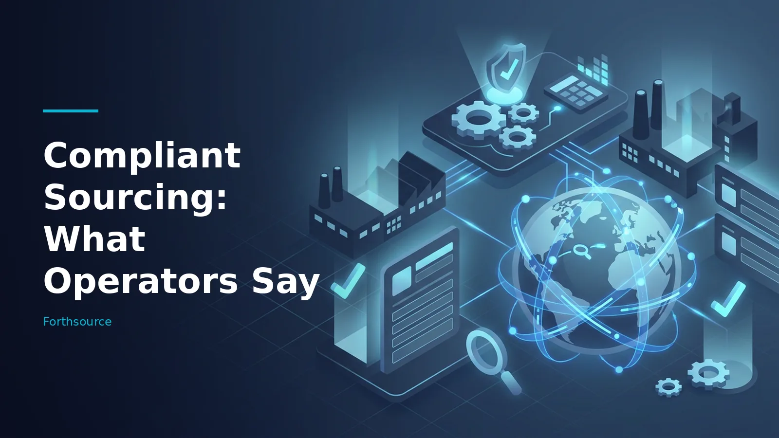 Isometric blue network connecting a digital globe to factories, document icons, gears, and checkmarks. Overlaid text reads “Compliant Sourcing: What Operators Say” with the Forthsource wordmark.